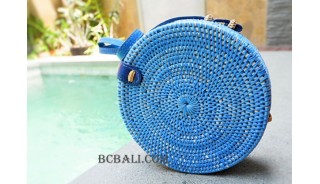 straw synthetic rattan circle bag blue color